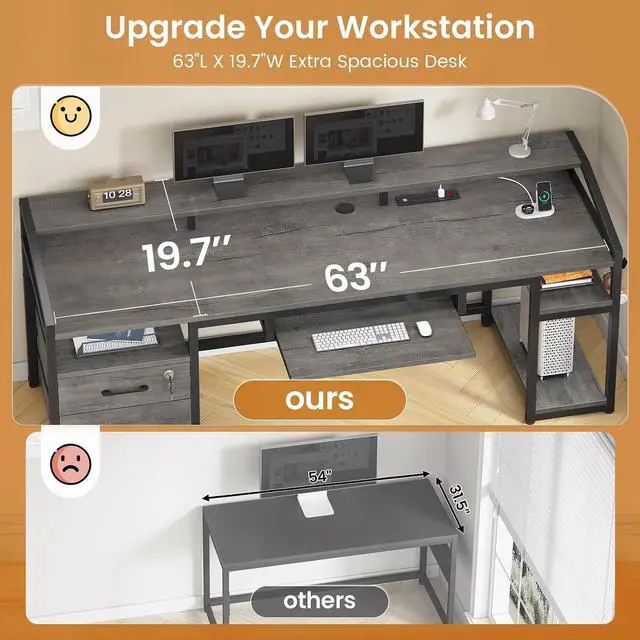 Alt view image 5 of 7 - 63" Computer Desk, Office Desk with Lockable Drawers for Legal/Letter File, Gaming Desk with LED Lights & Power Outlet, Home Office Desks with Storage, Grey