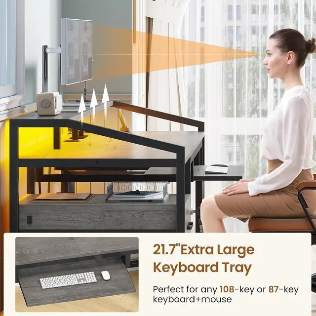 Alt view image 7 of 7 - 63" Computer Desk, Office Desk with Lockable Drawers for Legal/Letter File, Gaming Desk with LED Lights & Power Outlet, Home Office Desks with Storage, Grey
