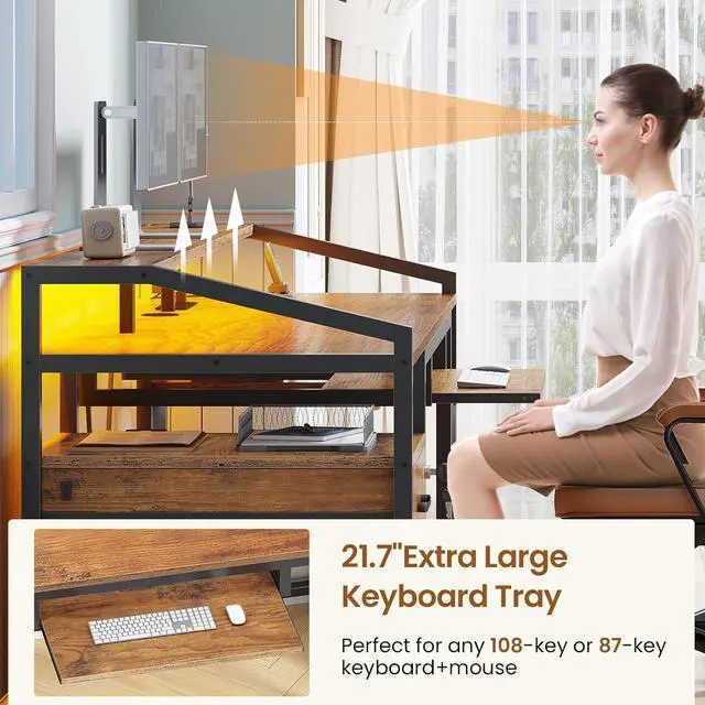 Alt view image 6 of 7 - 63" Computer Desk, Office Desk with Lock Drawers for Legal/Letter File, Gaming Desk with LED Light & Power Outlet, Home Office Desks for Printer, Rustic Brown