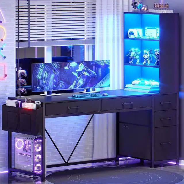 Main image of Computer Gaming Desk with 5 Drawers and Bookshelf, Reversible Home Office Desk with Storage Shelves and File Drawer, Corner Desk with LED Lights for Small Spaces, Black