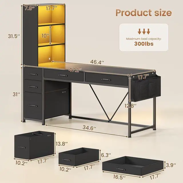 Alt view image 2 of 7 - Computer Gaming Desk with 5 Drawers and Bookshelf, Reversible Home Office Desk with Storage Shelves and File Drawer, Corner Desk with LED Lights for Small Spaces, Black