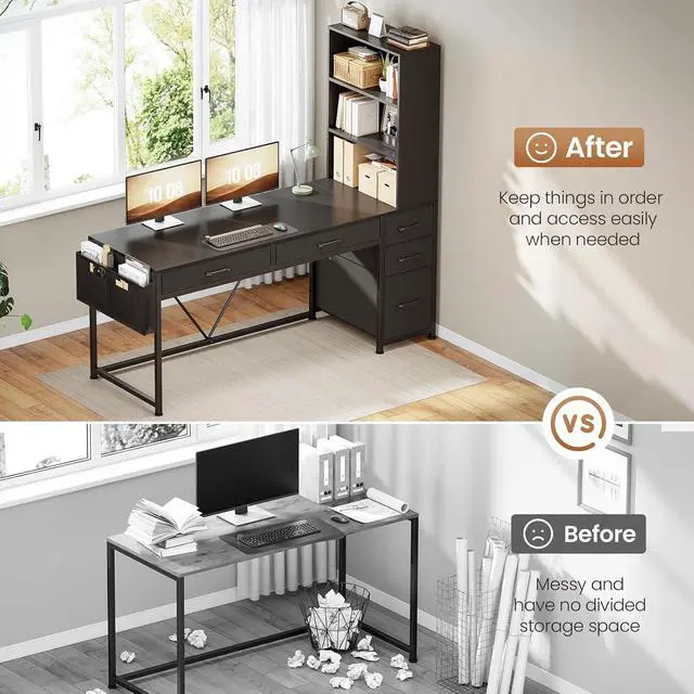 Alt view image 3 of 7 - Computer Gaming Desk with 5 Drawers and Bookshelf, Reversible Home Office Desk with Storage Shelves and File Drawer, Corner Desk with LED Lights for Small Spaces, Black
