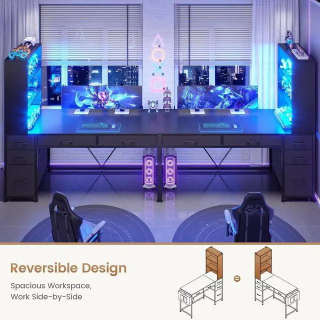 Alt view image 5 of 7 - Computer Gaming Desk with 5 Drawers and Bookshelf, Reversible Home Office Desk with Storage Shelves and File Drawer, Corner Desk with LED Lights for Small Spaces, Black