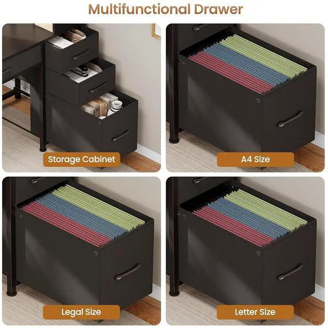 Alt view image 6 of 7 - Computer Gaming Desk with 5 Drawers and Bookshelf, Reversible Home Office Desk with Storage Shelves and File Drawer, Corner Desk with LED Lights for Small Spaces, Black