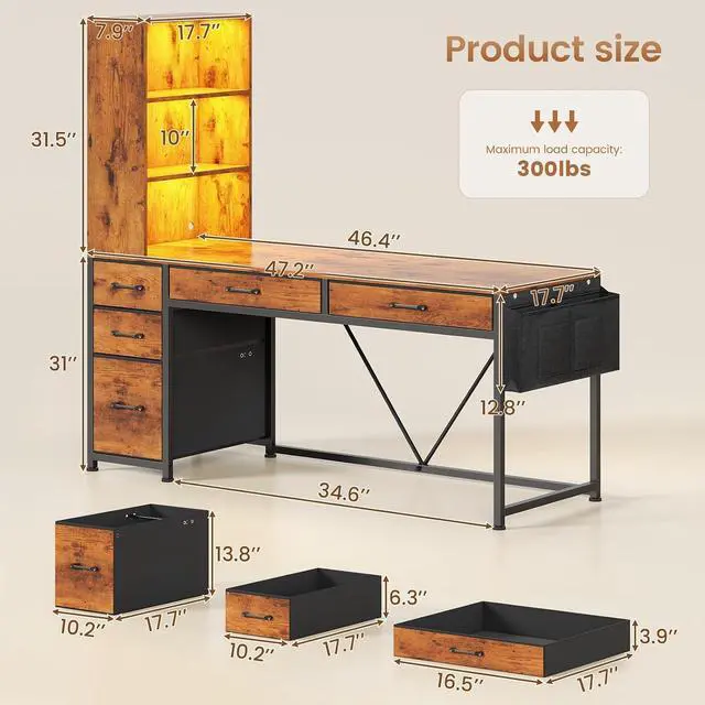 Alt view image 2 of 7 - Computer Desk with 5 Drawers and Bookshelf, Reversible Home Office Desk with Storage Shelves and File Drawer, Gaming Corner Desk with LED Lights for Small Spaces, Rustic Brown