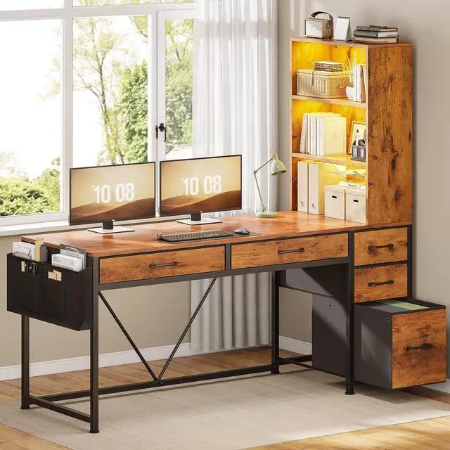 Main image of Computer Desk with 5 Drawers and Bookshelf, Reversible Home Office Desk with Storage Shelves and File Drawer, Gaming Corner Desk with LED Lights for Small Spaces, Rustic Brown