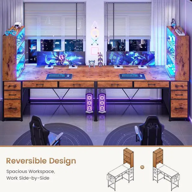 Alt view image 4 of 7 - Computer Desk with 5 Drawers and Bookshelf, Reversible Home Office Desk with Storage Shelves and File Drawer, Gaming Corner Desk with LED Lights for Small Spaces, Rustic Brown