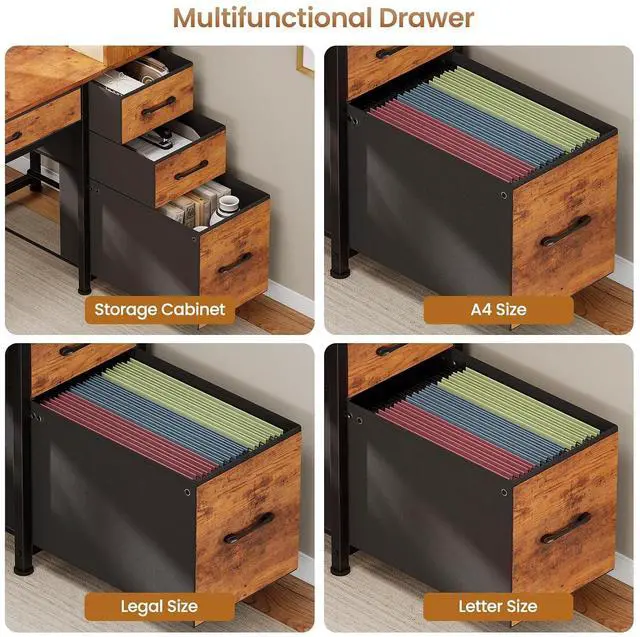 Alt view image 5 of 7 - Computer Desk with 5 Drawers and Bookshelf, Reversible Home Office Desk with Storage Shelves and File Drawer, Gaming Corner Desk with LED Lights for Small Spaces, Rustic Brown