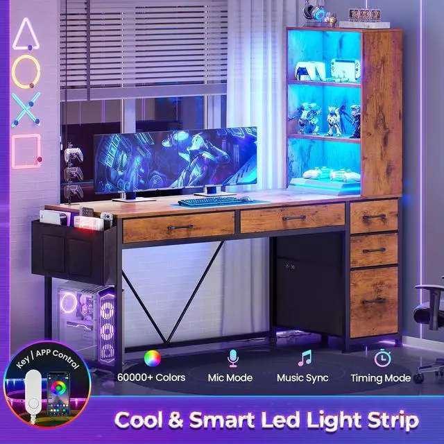 Alt view image 6 of 7 - Computer Desk with 5 Drawers and Bookshelf, Reversible Home Office Desk with Storage Shelves and File Drawer, Gaming Corner Desk with LED Lights for Small Spaces, Rustic Brown