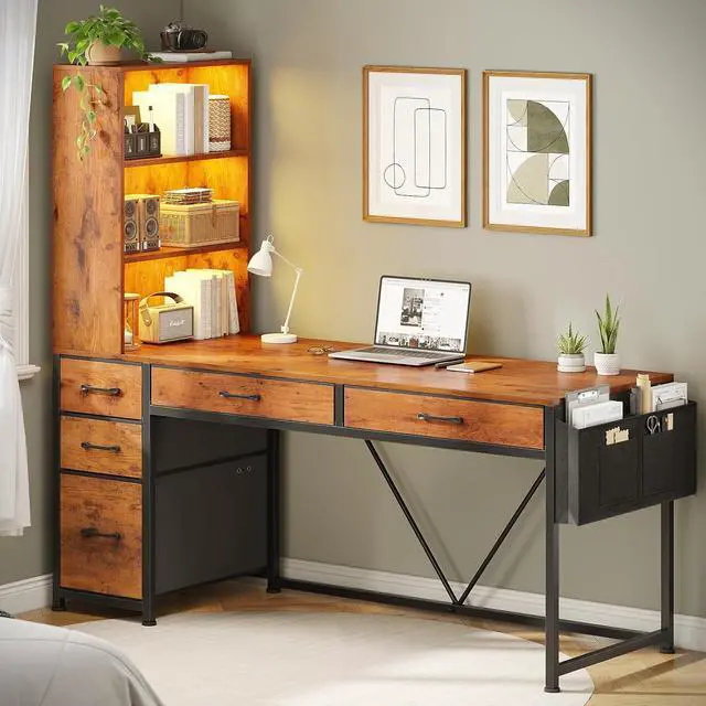Alt view image 7 of 7 - Computer Desk with 5 Drawers and Bookshelf, Reversible Home Office Desk with Storage Shelves and File Drawer, Gaming Corner Desk with LED Lights for Small Spaces, Rustic Brown
