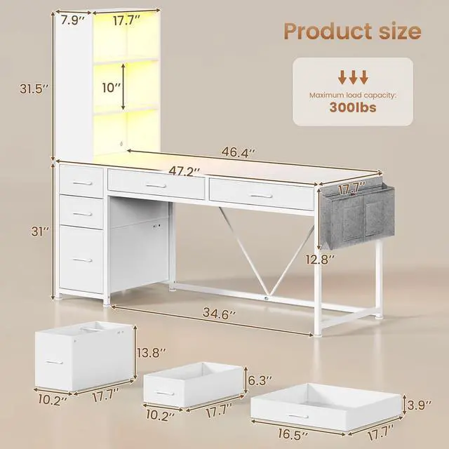 Alt view image 2 of 7 - Computer Desk with 5 Drawers and Bookshelf, Reversible Home Office Desk with Storage Shelves and File Drawer, Gaming Desk with LED Lights for Small Spaces, White