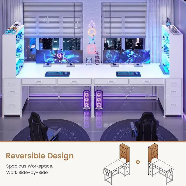 Alt view image 4 of 7 - Computer Desk with 5 Drawers and Bookshelf, Reversible Home Office Desk with Storage Shelves and File Drawer, Gaming Desk with LED Lights for Small Spaces, White
