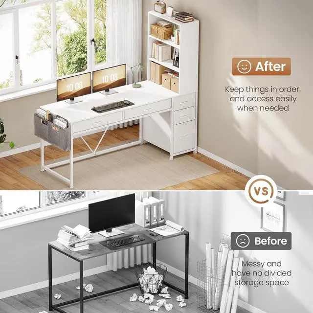 Alt view image 5 of 7 - Computer Desk with 5 Drawers and Bookshelf, Reversible Home Office Desk with Storage Shelves and File Drawer, Gaming Desk with LED Lights for Small Spaces, White