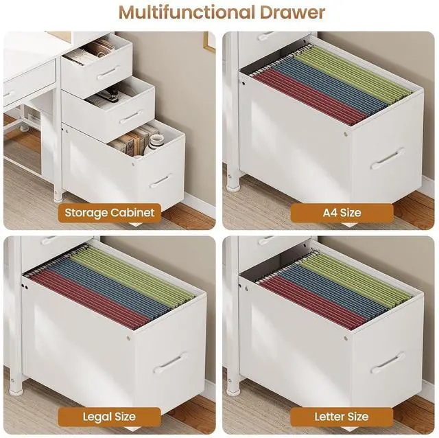 Alt view image 6 of 7 - Computer Desk with 5 Drawers and Bookshelf, Reversible Home Office Desk with Storage Shelves and File Drawer, Gaming Desk with LED Lights for Small Spaces, White