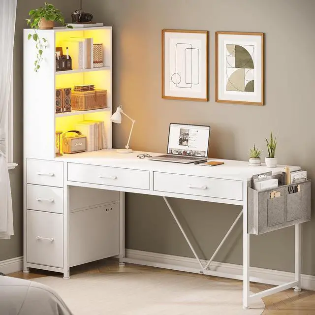 Alt view image 7 of 7 - Computer Desk with 5 Drawers and Bookshelf, Reversible Home Office Desk with Storage Shelves and File Drawer, Gaming Desk with LED Lights for Small Spaces, White