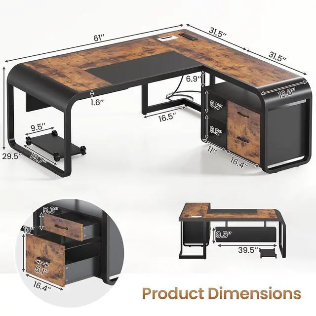 Alt view image 2 of 7 - 61 Inch Executive Desk, Large Office Desk with File Drawer, L Shaped Desk with Drawers, Computer Desk with Mobile CPU Stand, Storage Shelves, Power Outlets for Home Office, Rustic Brown