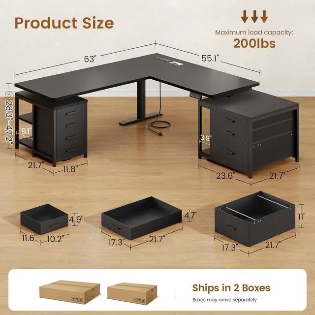 Alt view image 2 of 7 - L Shaped Electric Standing Desk with 7 Drawers, 63"×55.1" Height Adjustable Stand Up Desk with Power Outlets, 28.3"-47.2" Sit Stand Desk with Storage Shelves, 3 Memory Presets, Black