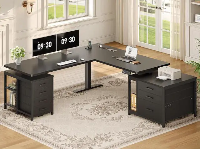 Main image of L Shaped Electric Standing Desk with 7 Drawers, 63"×55.1" Height Adjustable Stand Up Desk with Power Outlets, 28.3"-47.2" Sit Stand Desk with Storage Shelves, 3 Memory Presets, Black