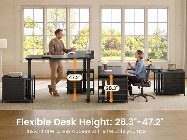 Alt view image 3 of 7 - L Shaped Electric Standing Desk with 7 Drawers, 63"×55.1" Height Adjustable Stand Up Desk with Power Outlets, 28.3"-47.2" Sit Stand Desk with Storage Shelves, 3 Memory Presets, Black