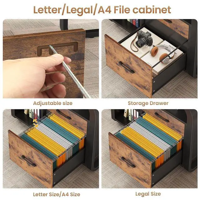 Alt view image 5 of 7 - 61 Inch Executive Desk, Large Office Desk with File Drawer, L Shaped Desk with Drawers, Computer Desk with Mobile CPU Stand, Storage Shelves, Power Outlets for Home Office, Rustic Brown