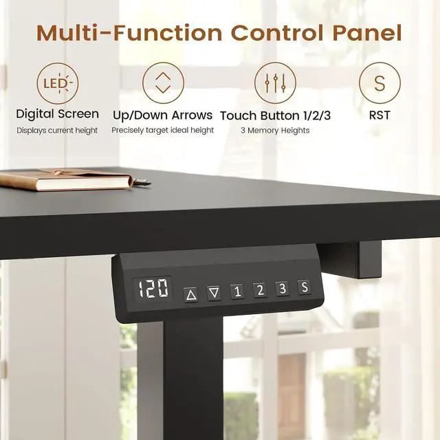 Alt view image 5 of 7 - L Shaped Electric Standing Desk with 7 Drawers, 63"×55.1" Height Adjustable Stand Up Desk with Power Outlets, 28.3"-47.2" Sit Stand Desk with Storage Shelves, 3 Memory Presets, Black