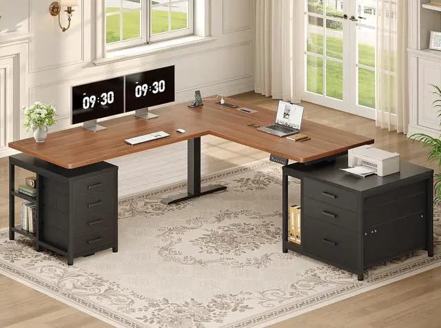 Main image of L Shaped Electric Standing Desk with 7 Drawers, 63"×55.1" Height Adjustable Stand Up Desk with Power Outlets, 28.3"-47.2" Sit Stand Desk with Storage Shelves, 3 Memory Presets, Black + Brown