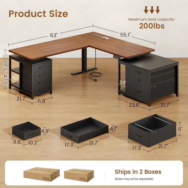 Alt view image 2 of 7 - L Shaped Electric Standing Desk with 7 Drawers, 63"×55.1" Height Adjustable Stand Up Desk with Power Outlets, 28.3"-47.2" Sit Stand Desk with Storage Shelves, 3 Memory Presets, Black + Brown