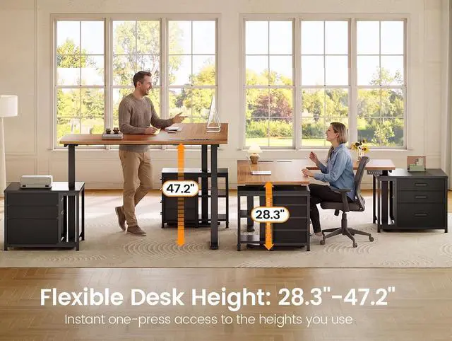 Alt view image 3 of 7 - L Shaped Electric Standing Desk with 7 Drawers, 63"×55.1" Height Adjustable Stand Up Desk with Power Outlets, 28.3"-47.2" Sit Stand Desk with Storage Shelves, 3 Memory Presets, Black + Brown