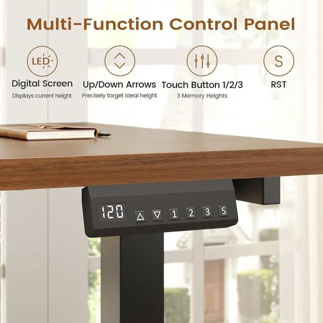 Alt view image 5 of 7 - L Shaped Electric Standing Desk with 7 Drawers, 63"×55.1" Height Adjustable Stand Up Desk with Power Outlets, 28.3"-47.2" Sit Stand Desk with Storage Shelves, 3 Memory Presets, Black + Brown