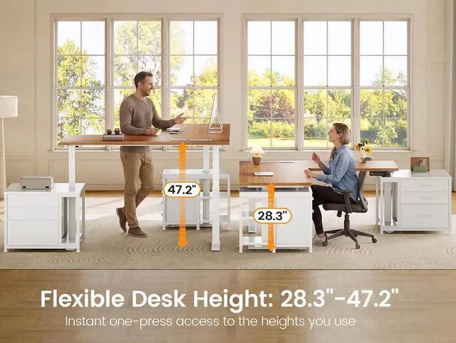 Alt view image 3 of 7 - L Shaped Electric Standing Desk with 7 Drawers, 63"×55.1" Height Adjustable Stand Up Desk with Power Outlets, 28.3"-47.2" Sit Stand Desk with Storage Shelves, 3 Memory Presets, White + Brown