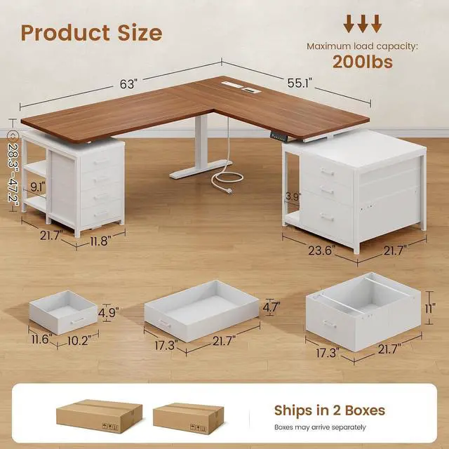 Alt view image 2 of 7 - L Shaped Electric Standing Desk with 7 Drawers, 63"×55.1" Height Adjustable Stand Up Desk with Power Outlets, 28.3"-47.2" Sit Stand Desk with Storage Shelves, 3 Memory Presets, White + Brown