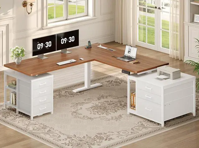 Main image of L Shaped Electric Standing Desk with 7 Drawers, 63"×55.1" Height Adjustable Stand Up Desk with Power Outlets, 28.3"-47.2" Sit Stand Desk with Storage Shelves, 3 Memory Presets, White + Brown