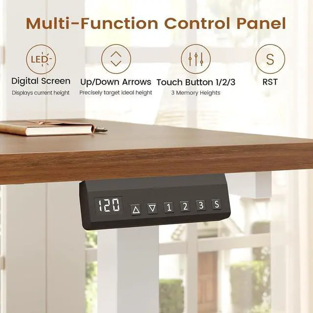 Alt view image 5 of 7 - L Shaped Electric Standing Desk with 7 Drawers, 63"×55.1" Height Adjustable Stand Up Desk with Power Outlets, 28.3"-47.2" Sit Stand Desk with Storage Shelves, 3 Memory Presets, White + Brown