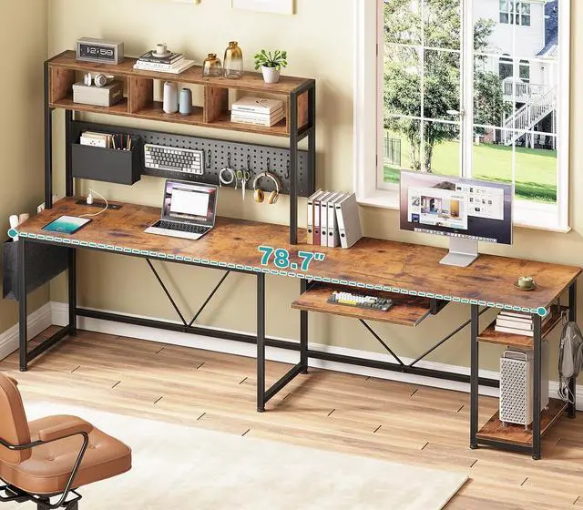 Alt view image 2 of 7 - L Shaped Gaming Desk with Hutch, 57.5 Reversible Corner Computer Desk with Storage Shelves, Gaming Desk with Pegboard, LED Lights, Power Outlet, Keyboard Tray (Rustic Brown)