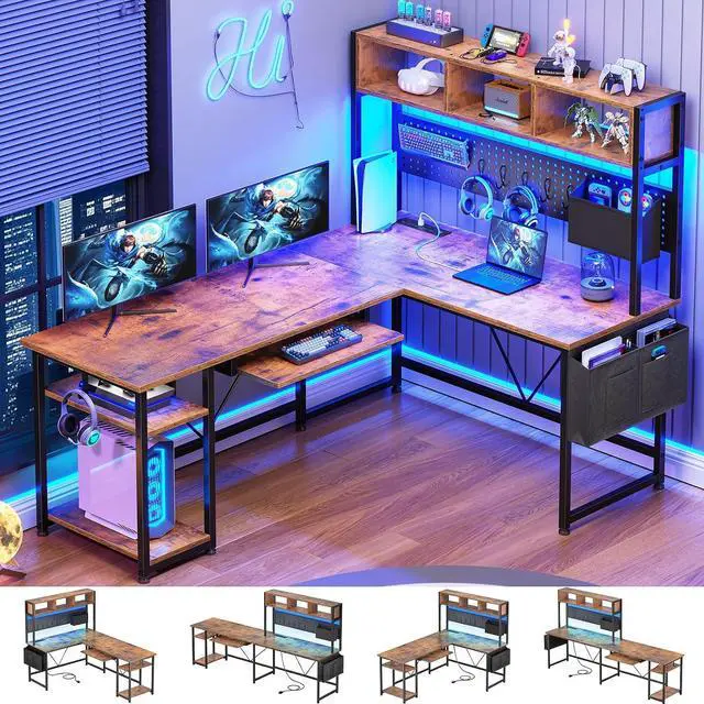 Main image of L Shaped Gaming Desk with Hutch, 57.5 Reversible Corner Computer Desk with Storage Shelves, Gaming Desk with Pegboard, LED Lights, Power Outlet, Keyboard Tray (Rustic Brown)