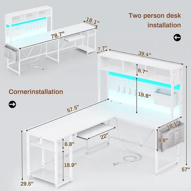 Alt view image 2 of 6 - White L Shaped Office Desk, 57.5 Corner Computer Desk with Power Outlet Pegboard and Keyboard Tray, Gaming Table with LED Lights, Hutch and Storage Shelves for Home Office