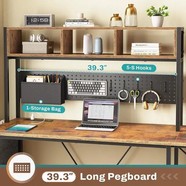 Alt view image 5 of 7 - L Shaped Gaming Desk with Hutch, 57.5 Reversible Corner Computer Desk with Storage Shelves, Gaming Desk with Pegboard, LED Lights, Power Outlet, Keyboard Tray (Rustic Brown)