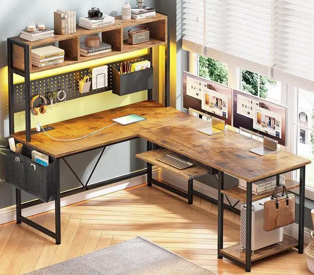 Alt view image 7 of 7 - L Shaped Gaming Desk with Hutch, 57.5 Reversible Corner Computer Desk with Storage Shelves, Gaming Desk with Pegboard, LED Lights, Power Outlet, Keyboard Tray (Rustic Brown)