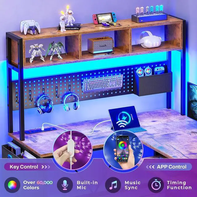 Alt view image 4 of 7 - L Shaped Gaming Desk with Hutch, 57.5 Reversible Corner Computer Desk with Storage Shelves, Gaming Desk with Pegboard, LED Lights, Power Outlet, Keyboard Tray (Rustic Brown)