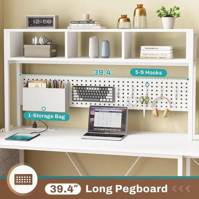 Alt view image 4 of 6 - White L Shaped Office Desk, 57.5 Corner Computer Desk with Power Outlet Pegboard and Keyboard Tray, Gaming Table with LED Lights, Hutch and Storage Shelves for Home Office