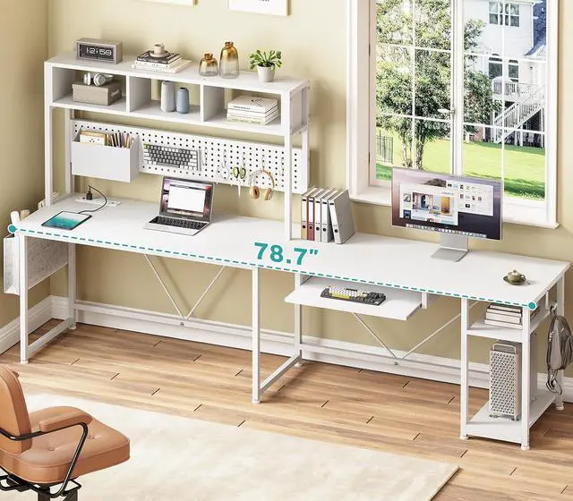 Alt view image 3 of 6 - White L Shaped Office Desk, 57.5 Corner Computer Desk with Power Outlet Pegboard and Keyboard Tray, Gaming Table with LED Lights, Hutch and Storage Shelves for Home Office