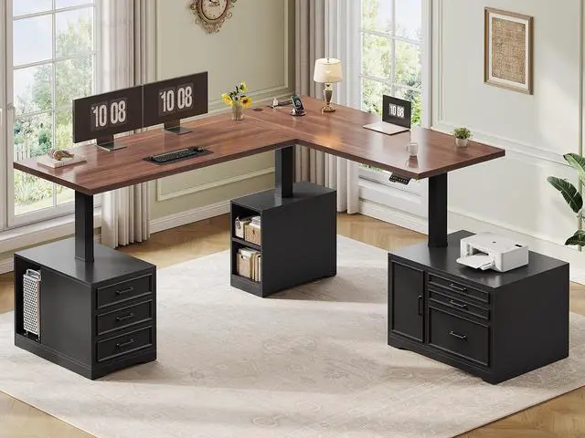 Alt view image 3 of 7 - Farmhouse L Shaped Electric Standing Desk with File Cabinet, 77 x 55'' Height Adjustable Home Office Computer Desk with 6 Drawers, Power Outlet, Sit Stand Desk, Black