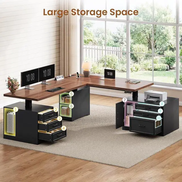 Alt view image 5 of 7 - Farmhouse L Shaped Electric Standing Desk with File Cabinet, 77 x 55'' Height Adjustable Home Office Computer Desk with 6 Drawers, Power Outlet, Sit Stand Desk, Black