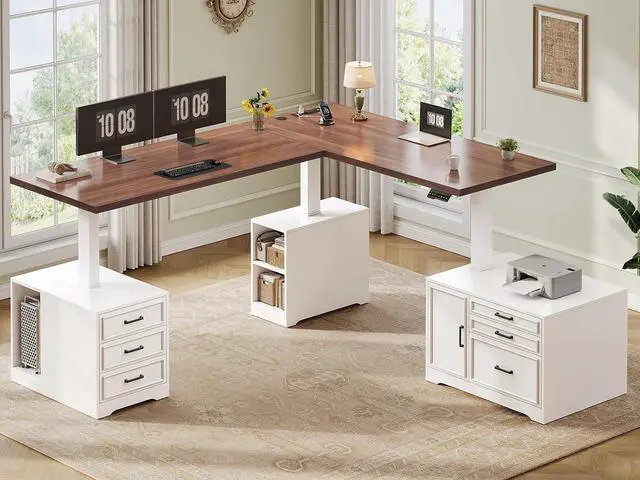 Alt view image 3 of 7 - Farmhouse L Shaped Electric Standing Desk with File Cabinet, 77 x 55'' Height Adjustable Home Office Computer Desk with 6 Drawers, Power Outlet, Sit Stand Desk, White
