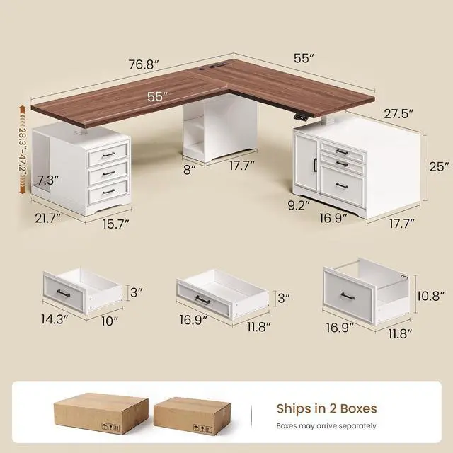 Alt view image 2 of 7 - Farmhouse L Shaped Electric Standing Desk with File Cabinet, 77 x 55'' Height Adjustable Home Office Computer Desk with 6 Drawers, Power Outlet, Sit Stand Desk, White