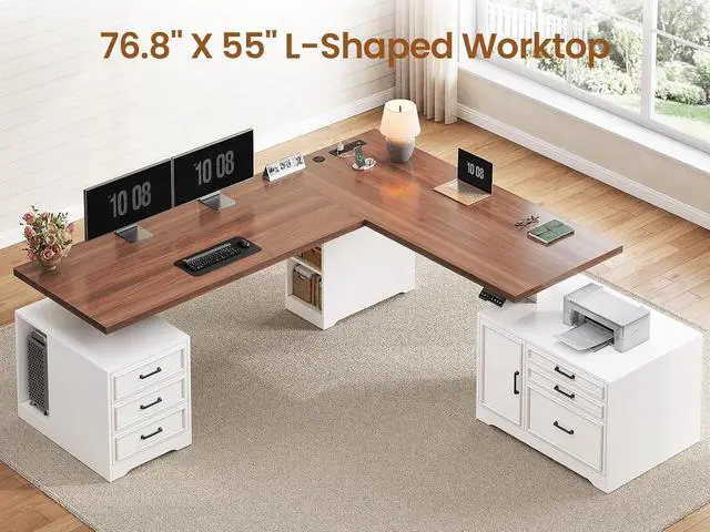 Alt view image 4 of 7 - Farmhouse L Shaped Electric Standing Desk with File Cabinet, 77 x 55'' Height Adjustable Home Office Computer Desk with 6 Drawers, Power Outlet, Sit Stand Desk, White