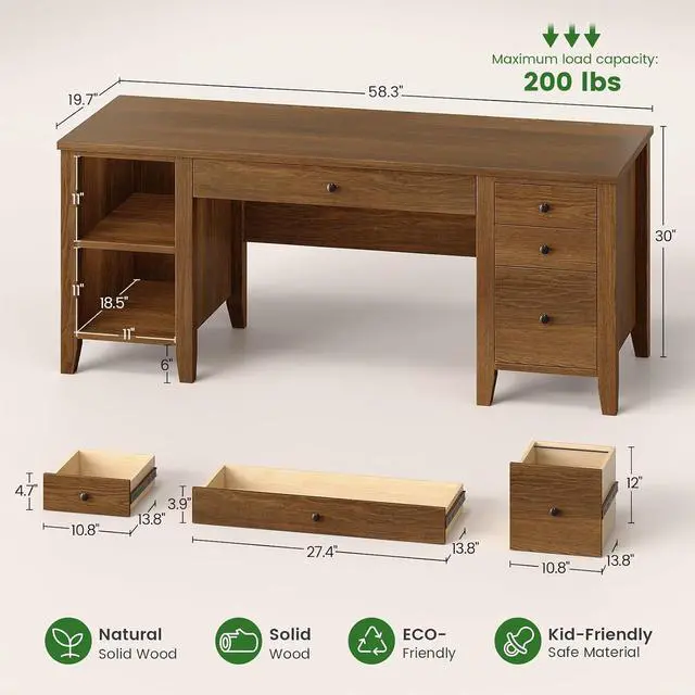 Alt view image 2 of 7 - Solid Pine Wood Computer Desk, 58'' Executive Home Office Desk with 4 Wood Drawers and Storage Shelves for Work Study Writing, Brown