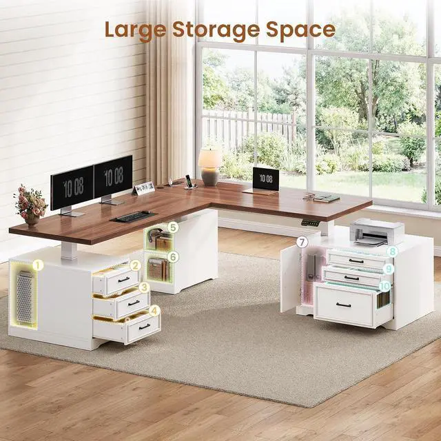 Alt view image 5 of 7 - Farmhouse L Shaped Electric Standing Desk with File Cabinet, 77 x 55'' Height Adjustable Home Office Computer Desk with 6 Drawers, Power Outlet, Sit Stand Desk, White
