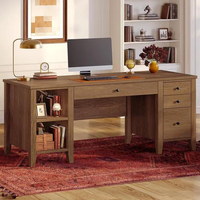 Main image of Solid Pine Wood Computer Desk, 58'' Executive Home Office Desk with 4 Wood Drawers and Storage Shelves for Work Study Writing, Brown