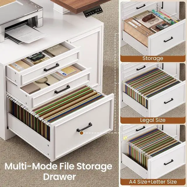 Alt view image 6 of 7 - Farmhouse L Shaped Electric Standing Desk with File Cabinet, 77 x 55'' Height Adjustable Home Office Computer Desk with 6 Drawers, Power Outlet, Sit Stand Desk, White